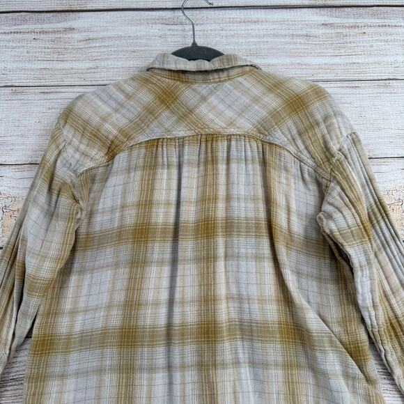 Free People Plaid Button Down 4 Pocket Shirt Womens XS Beige Tan - Picture 4 of 13